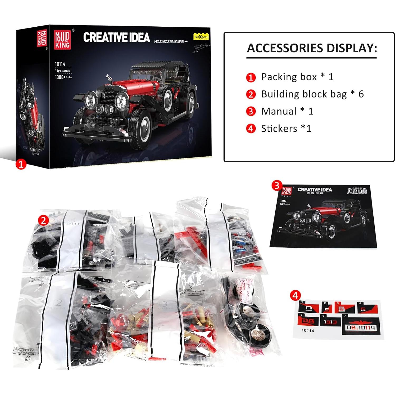 Mould King 10114 Auto Vintage 1308 Piezas para Construcción