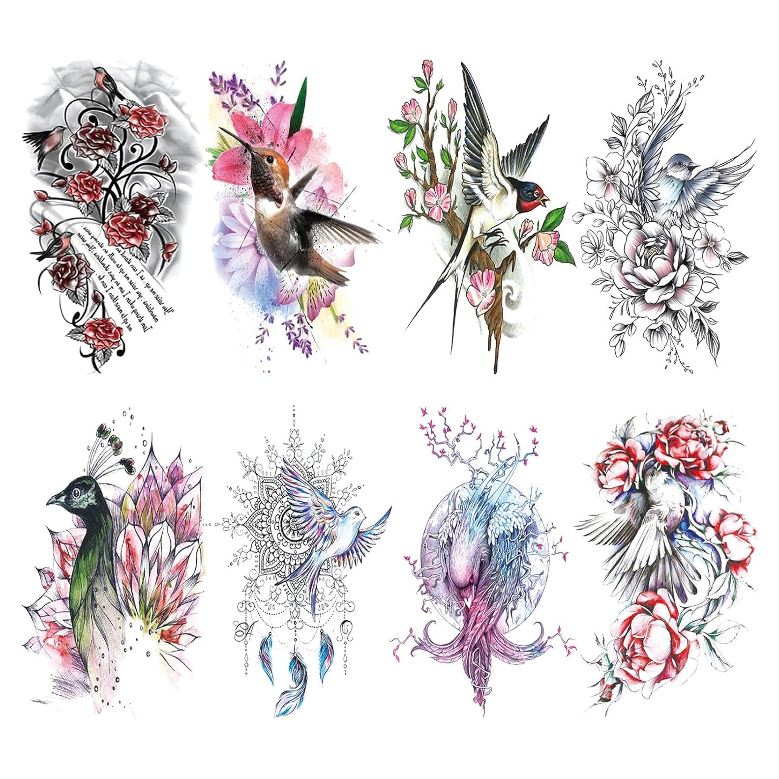 Tatuaje Temporal Briyhose Flor de Pájaro 8 Hojas 21x14.8cm