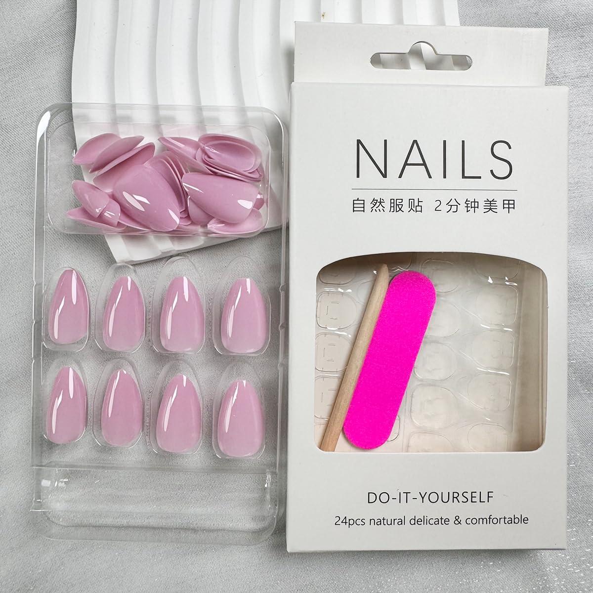 Uñas Postizas Almendra Rosa Púrpura 24 Pcs Acrílicas