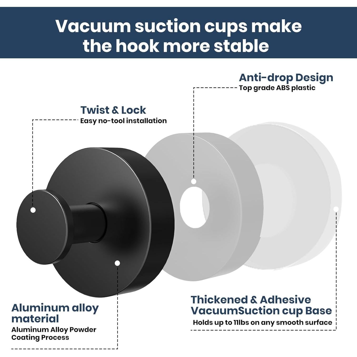 Ganchos de Ventosa PETIMETI 2 Pzs Aluminio Negro 5 kg