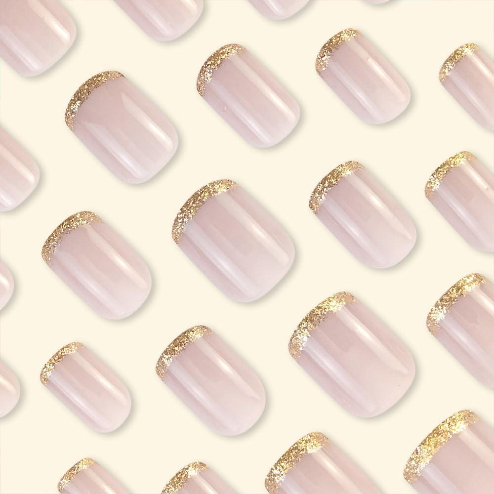 Uñas Postizas Cortas Rosadas Stbisen con Borde Dorado 24 Piezas