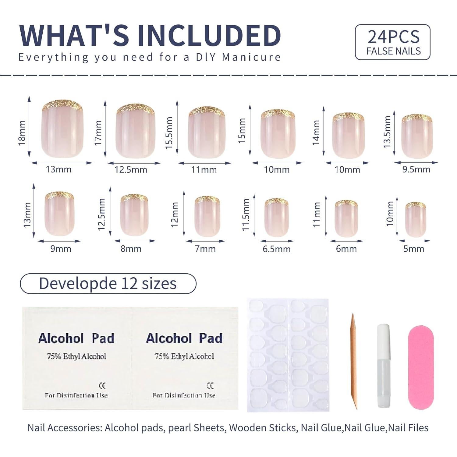 Uñas Postizas Cortas Rosadas Stbisen con Borde Dorado 24 Piezas