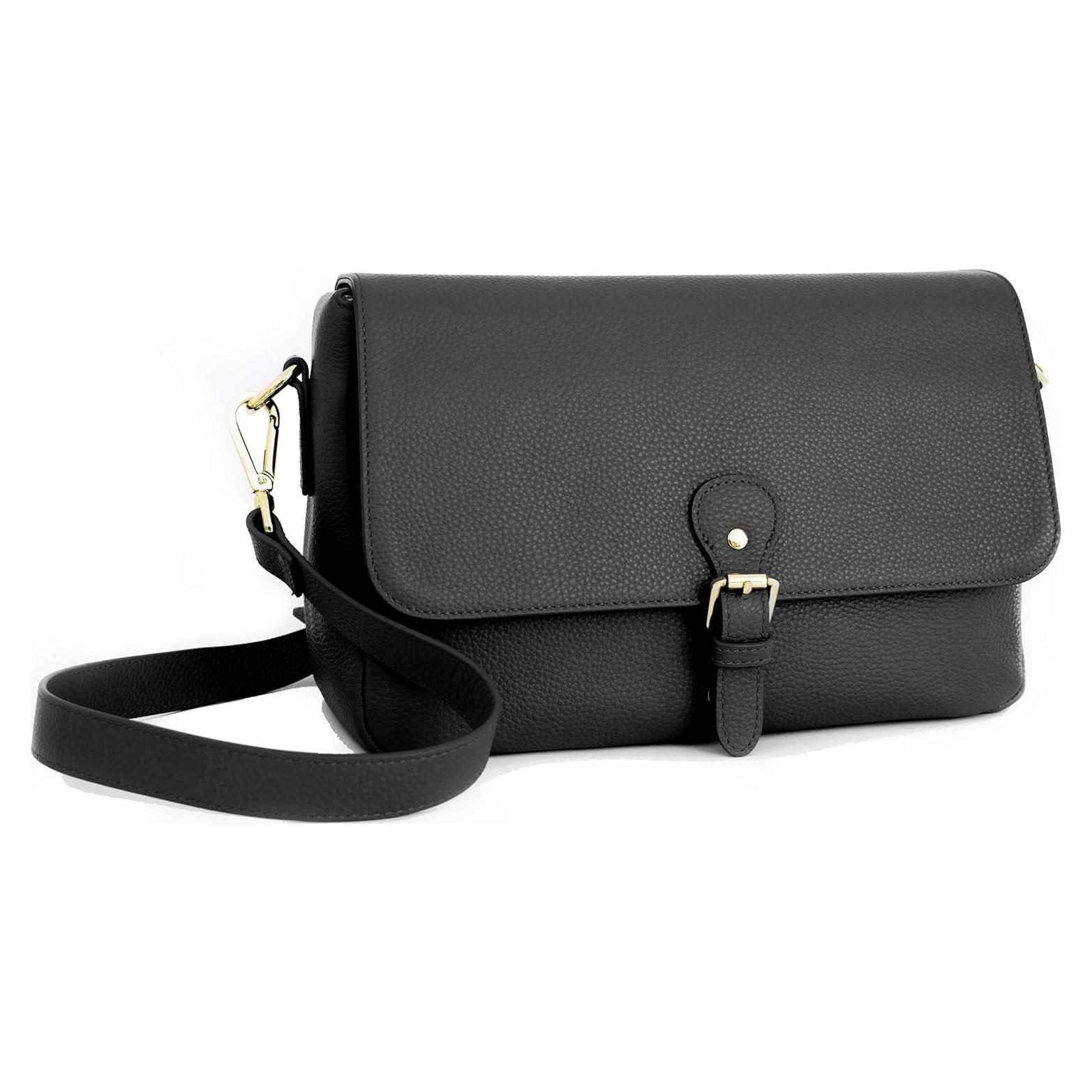 Bolso de cámara Meliae para mujeres, cuero negro, 28x19x11.4cm