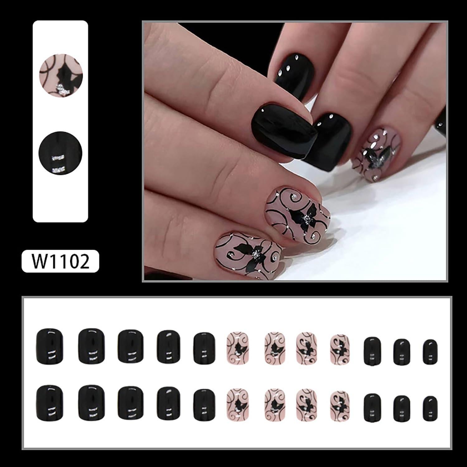 Uñas Postizas Cortas Negras LOPMNGHT con Diseño de Mariposa