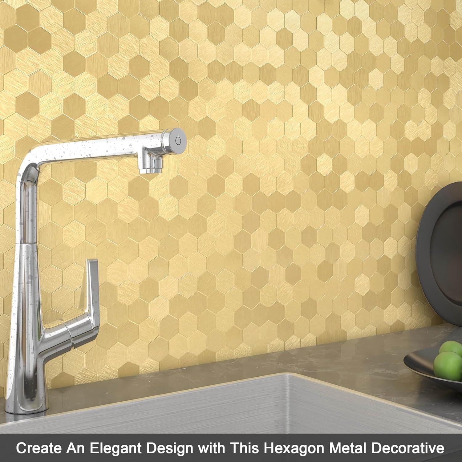 Azulejos Autoadhesivos BeNice Hexagonales 3D Dorado 5 Piezas