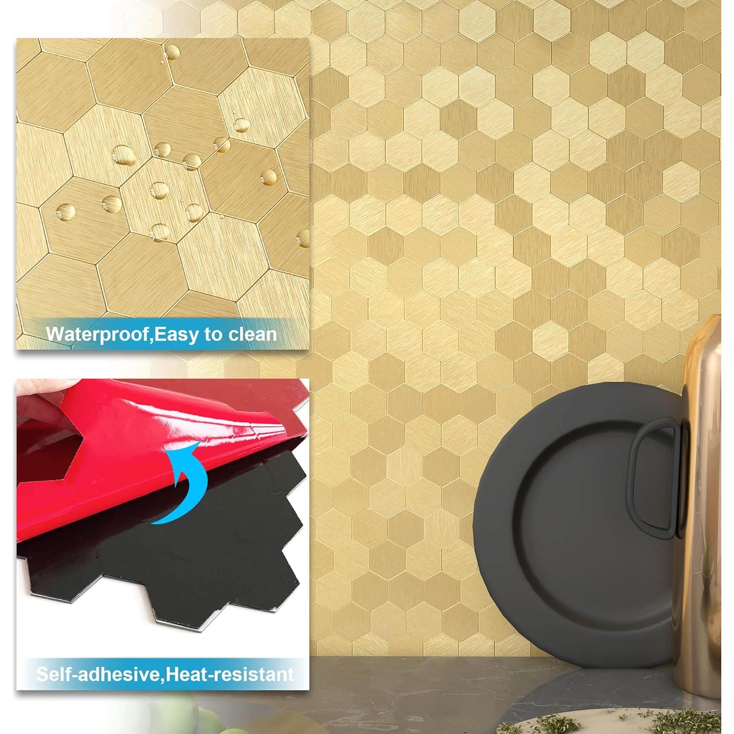 Azulejos Autoadhesivos BeNice Hexagonales 3D Dorado 5 Piezas