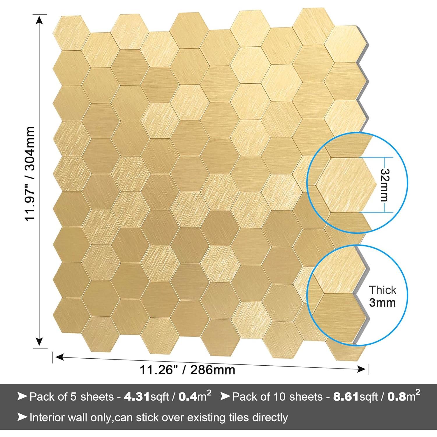 Azulejos Autoadhesivos BeNice Hexagonales 3D Dorado 5 Piezas