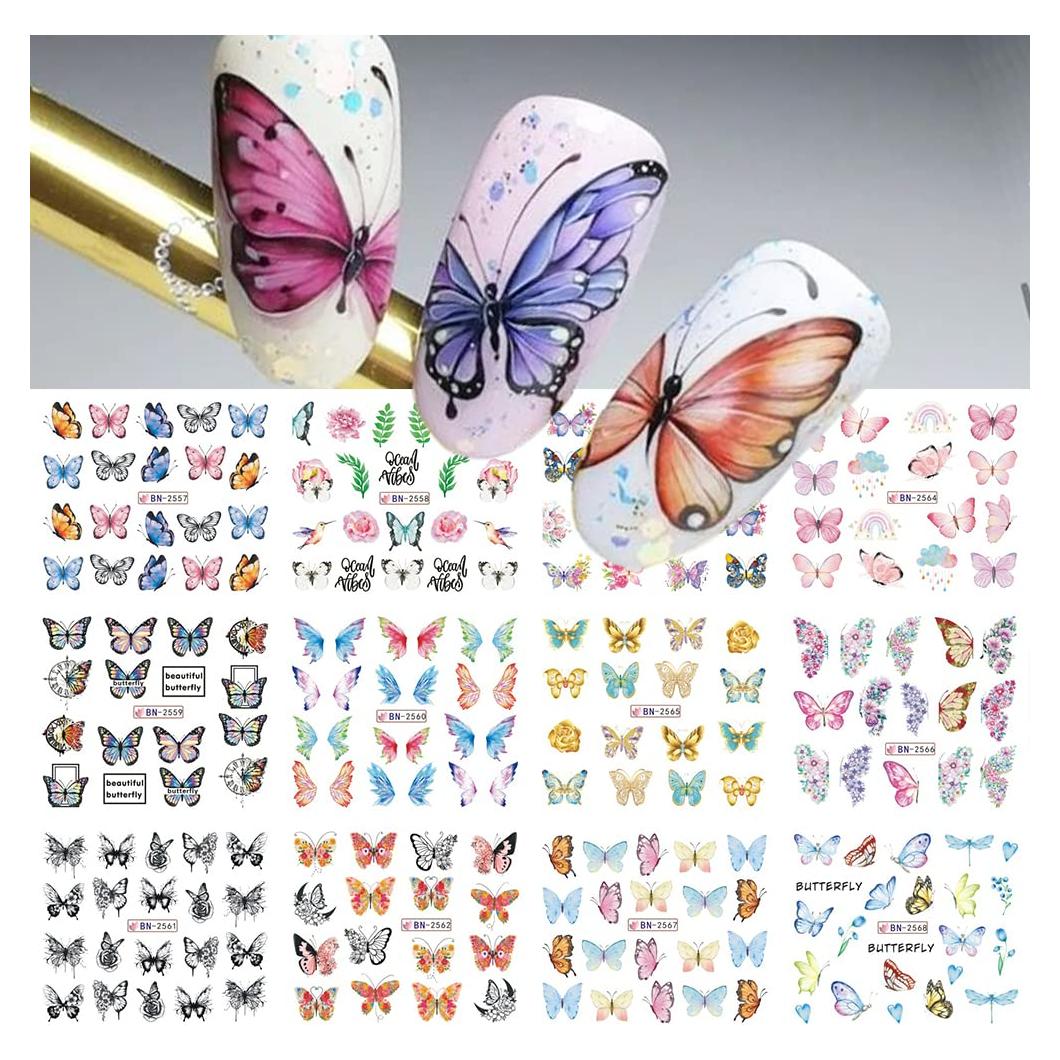 Calcomanías de Uñas SINSEN - Mariposas Coloridas 12 Hojas