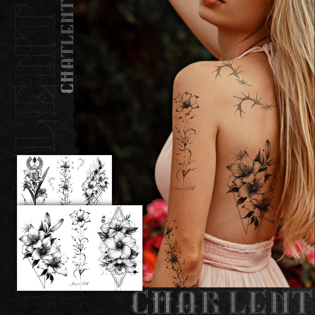 Tatuajes Temporales CHARLENT Flor Negra - 9 Hojas Grandes 22.1x15 cm