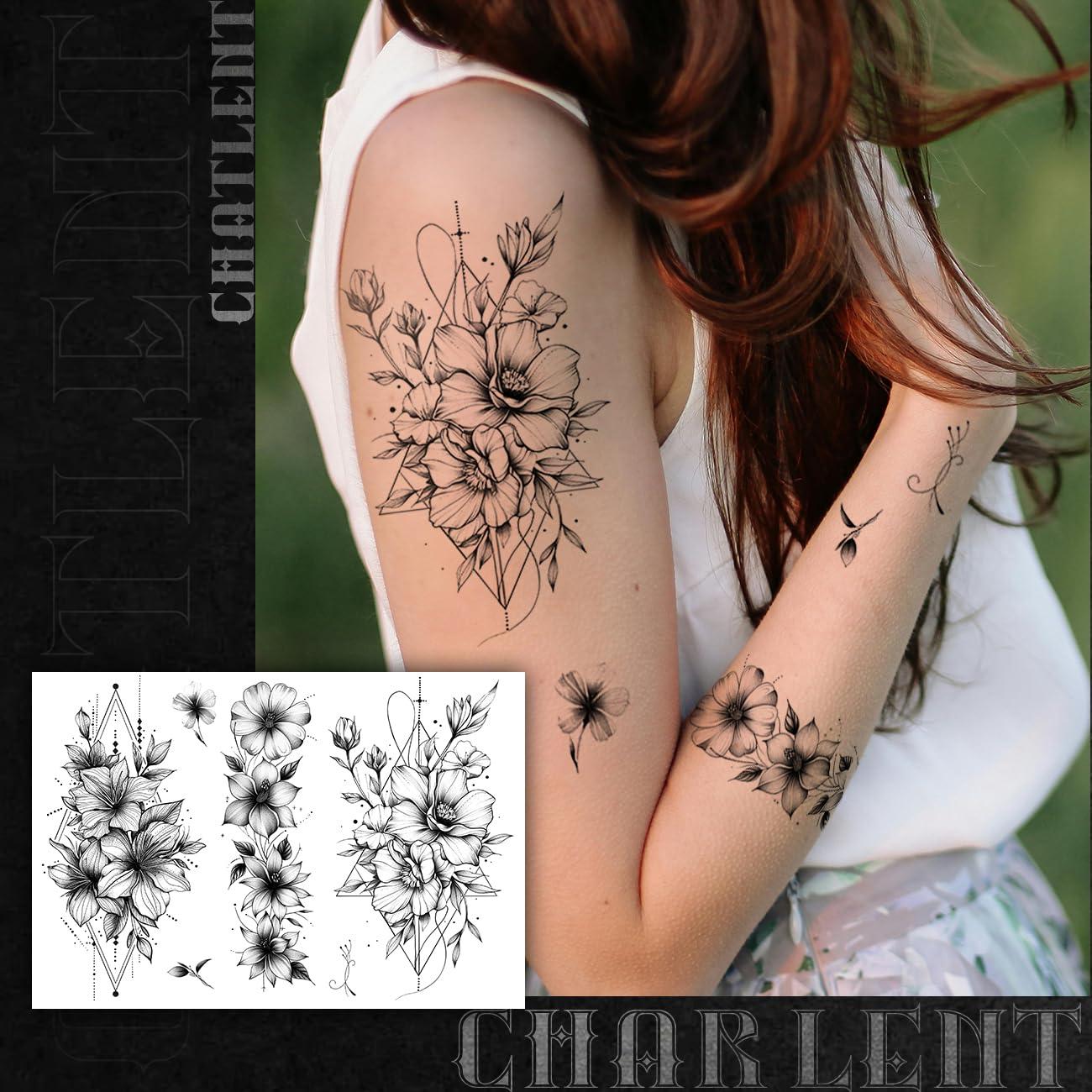 Tatuajes Temporales CHARLENT Flor Negra - 9 Hojas Grandes 22.1x15 cm