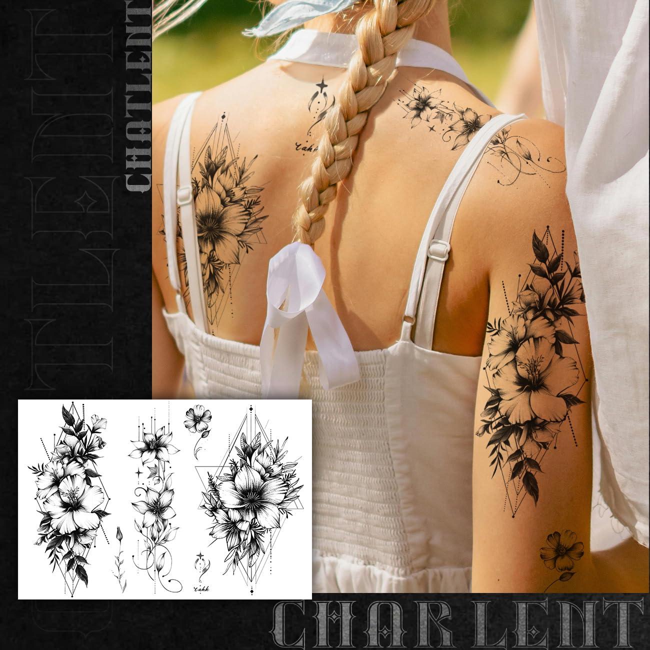 Tatuajes Temporales CHARLENT Flor Negra - 9 Hojas Grandes 22.1x15 cm