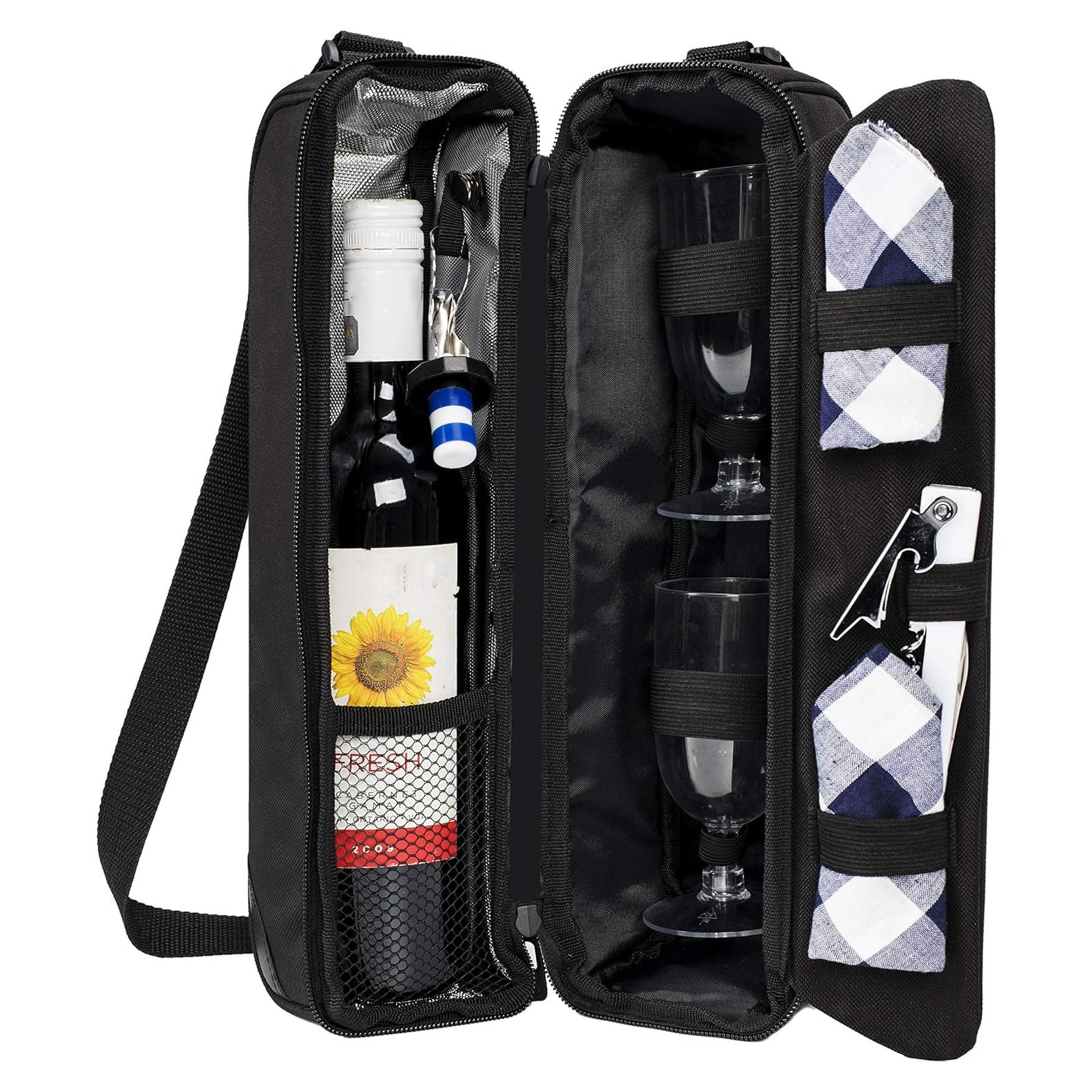 Bolsa de vino ALLCAMP negra con enfriador y utensilios