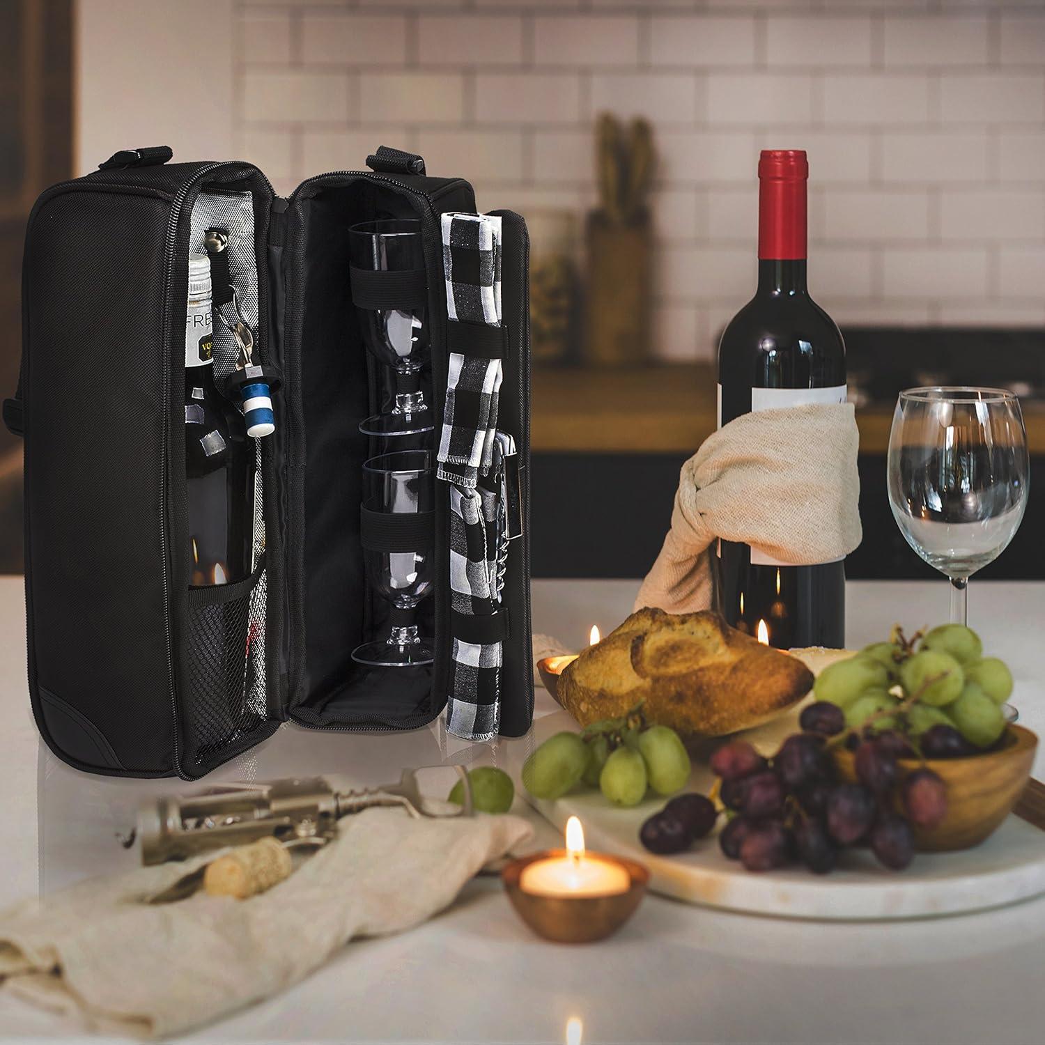 Bolsa de vino ALLCAMP negra con enfriador y utensilios