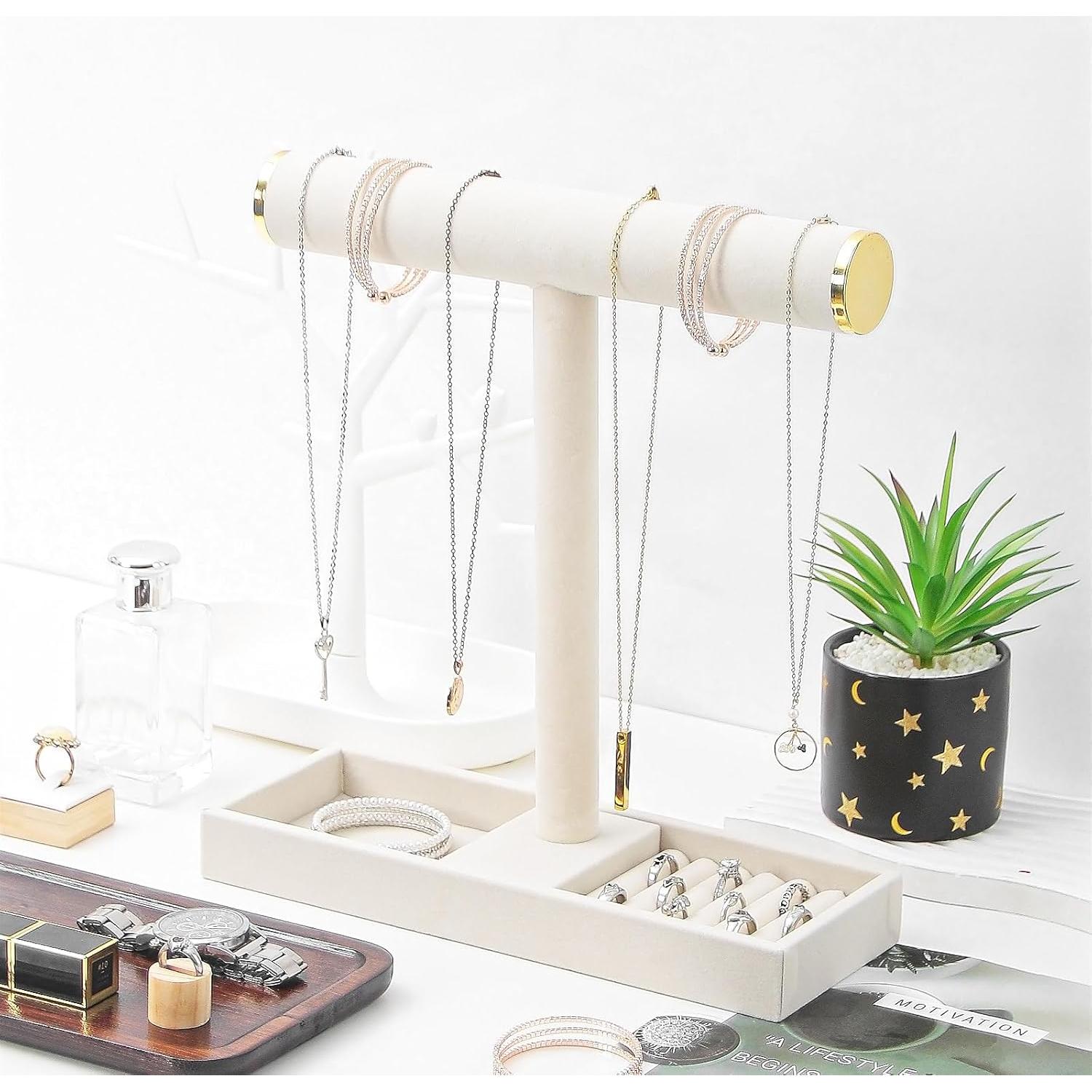 Soporte organizador de joyas KunGe Beige, barra en T desmontable