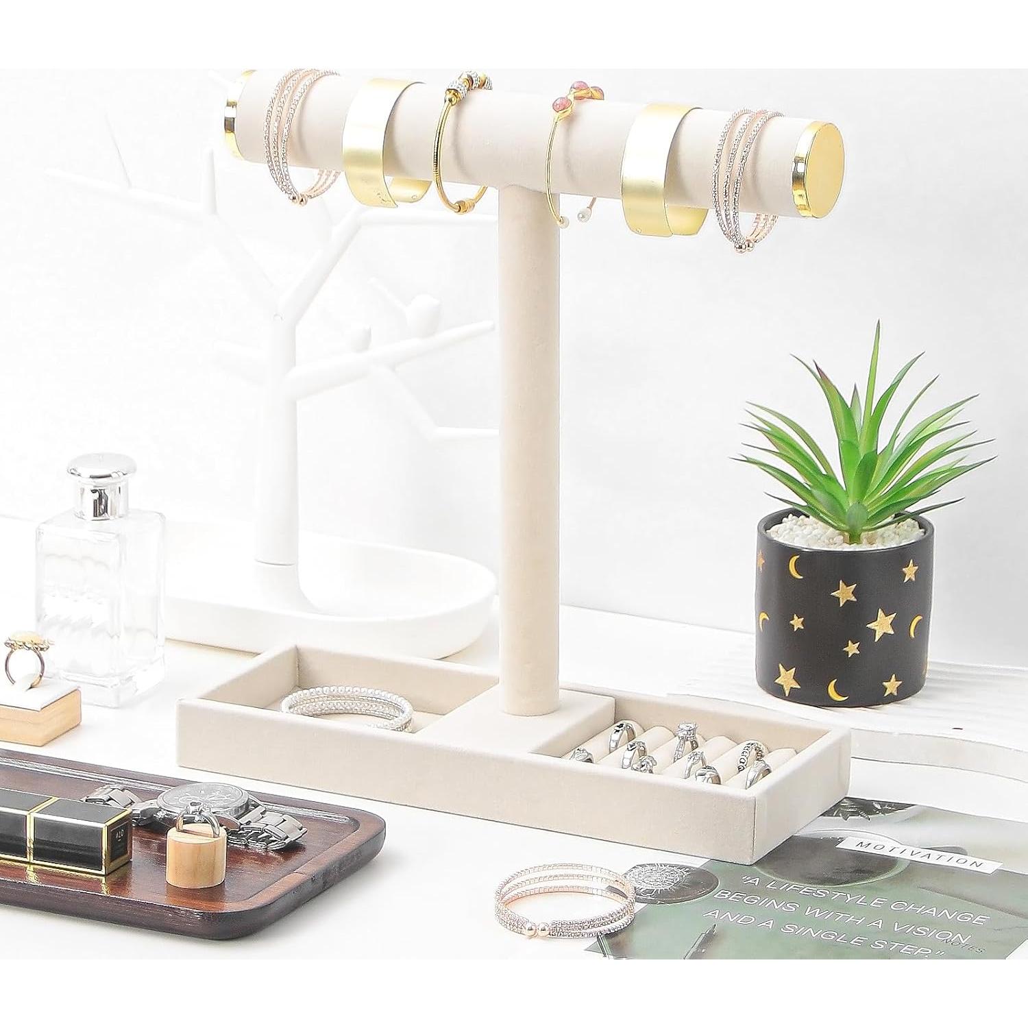 Soporte organizador de joyas KunGe Beige, barra en T desmontable