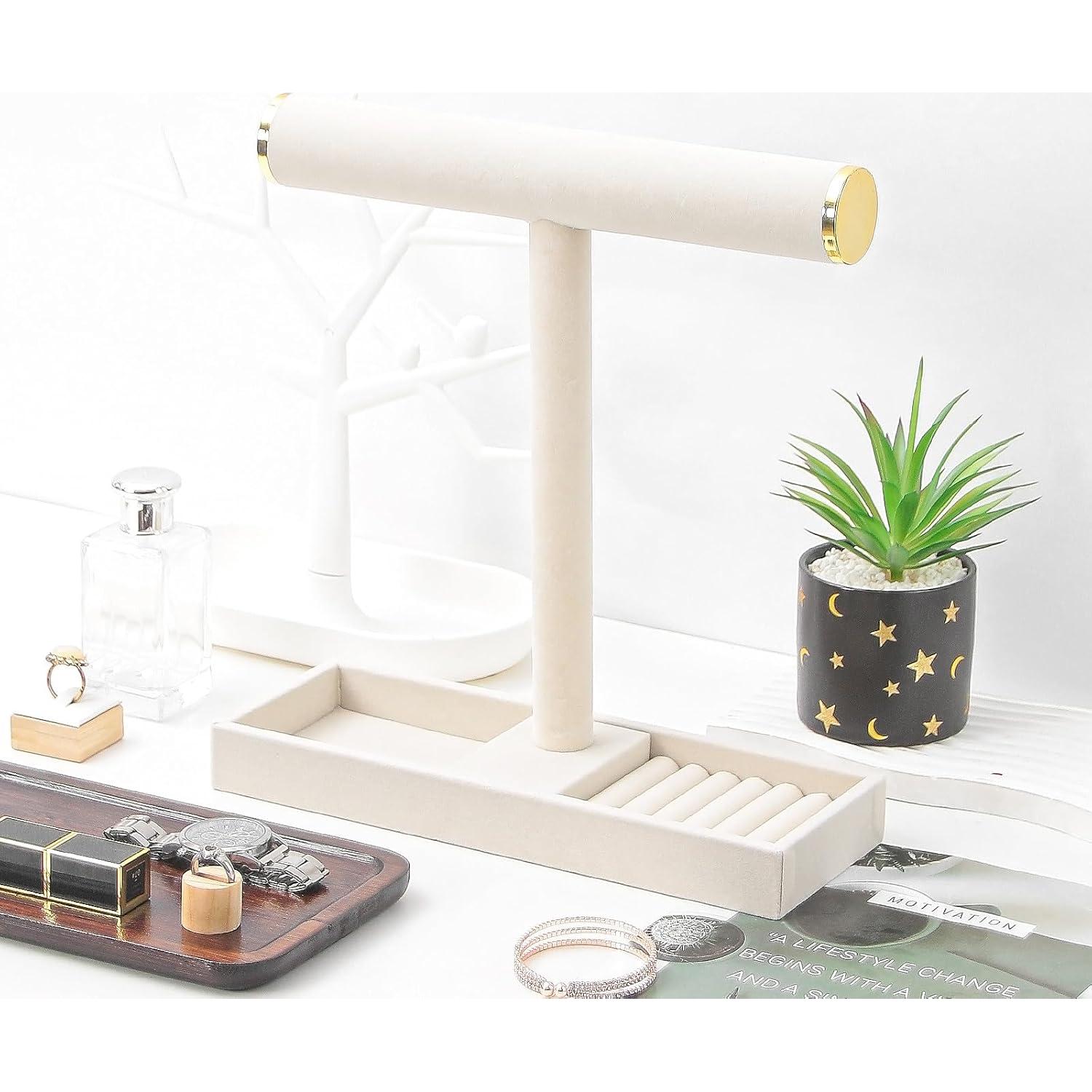 Soporte organizador de joyas KunGe Beige, barra en T desmontable