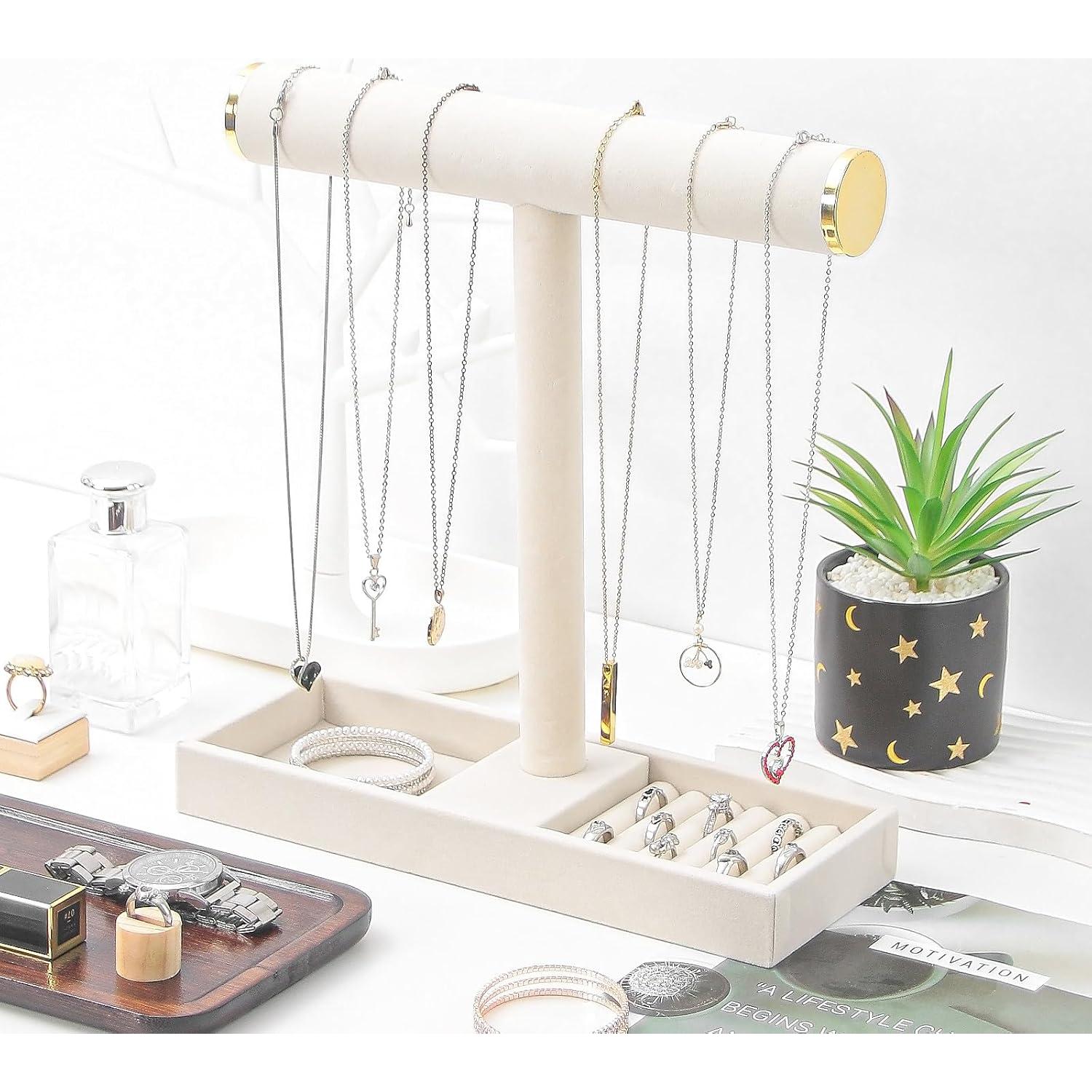 Soporte organizador de joyas KunGe Beige, barra en T desmontable