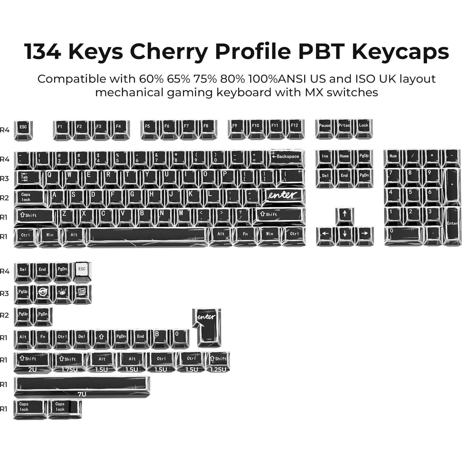 Conjunto de Teclas PBT Translúcidas Negras GMKWTL 134 Teclas