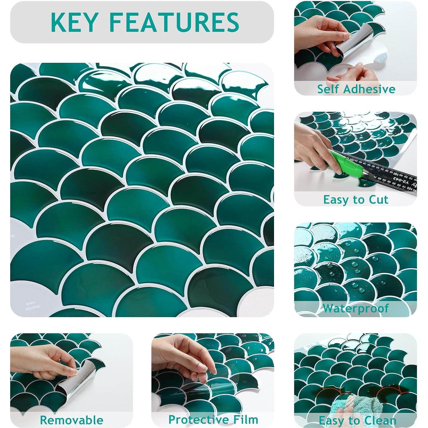 Azulejo Autoadhesivo VEELIKE Escamas de Pescado Verde 30.48cm