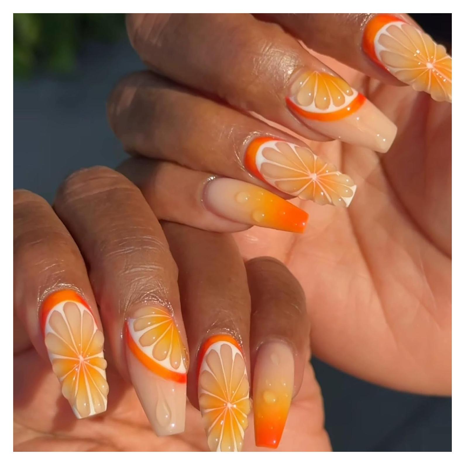 Uñas Postizas Coffin Medianas STADWWK 24Pcs Diseño Frutas 3D