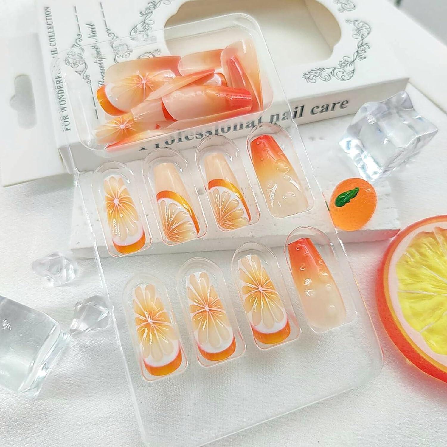 Uñas Postizas Coffin Medianas STADWWK 24Pcs Diseño Frutas 3D