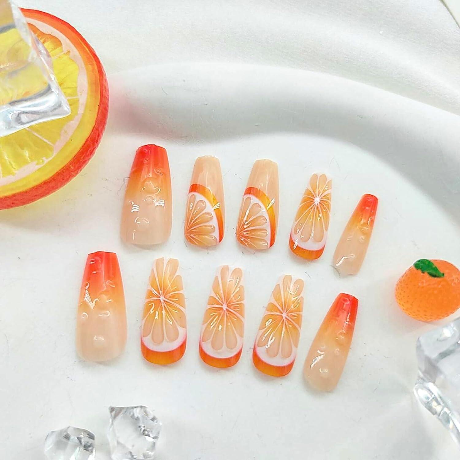 Uñas Postizas Coffin Medianas STADWWK 24Pcs Diseño Frutas 3D