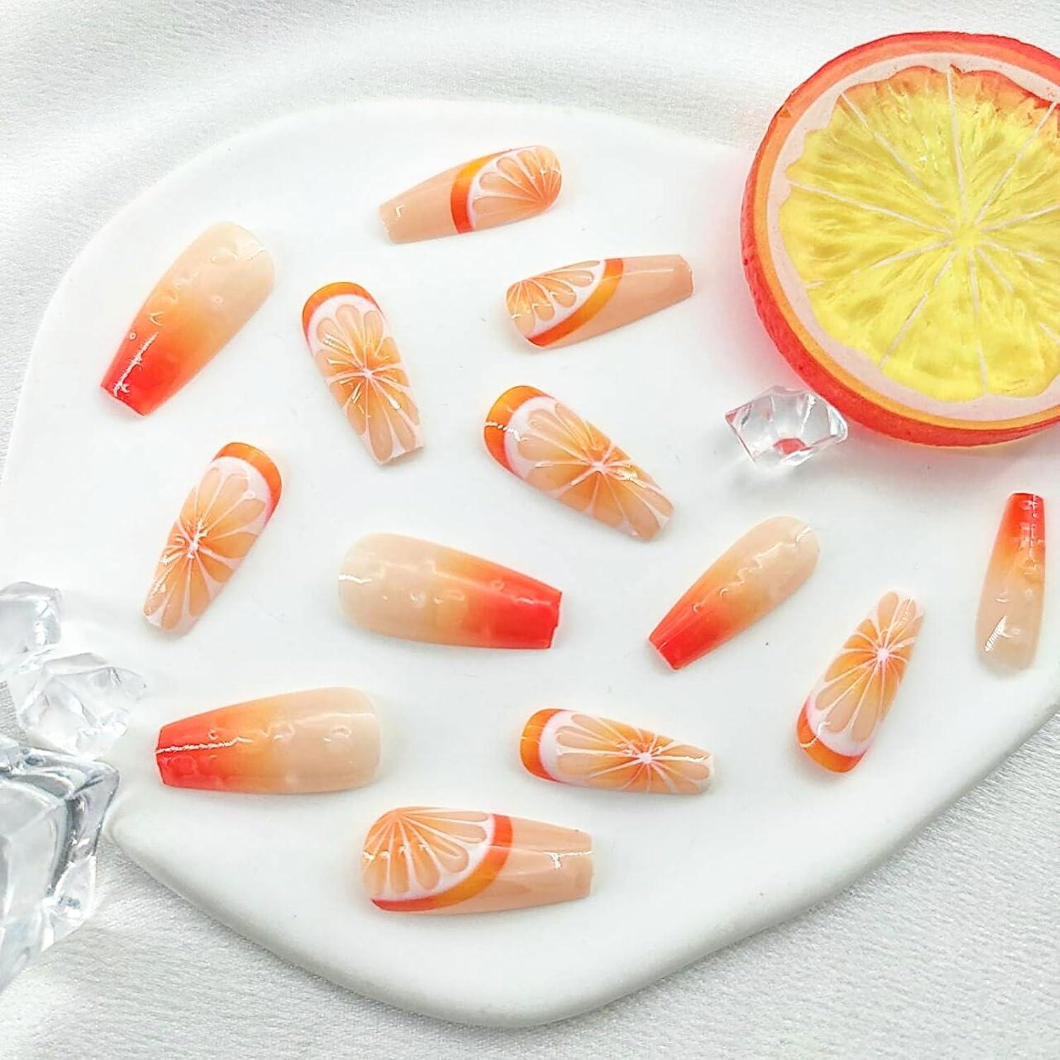 Uñas Postizas Coffin Medianas STADWWK 24Pcs Diseño Frutas 3D