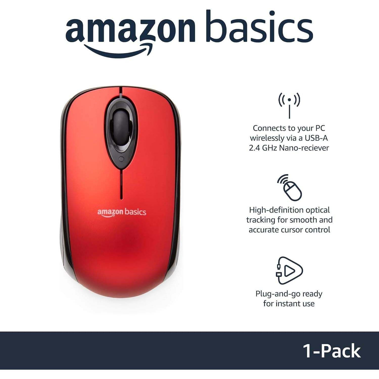 Ratón Inalámbrico Óptico Amazon Basics Rojo USB 2.4 GHz