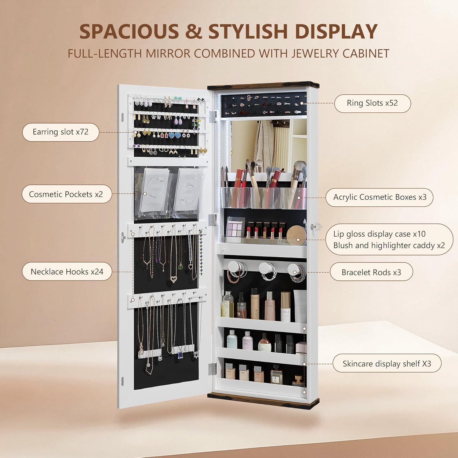 Espejo de Joyería Dystler con Luz y Cerradura 110.49 cm Blanco