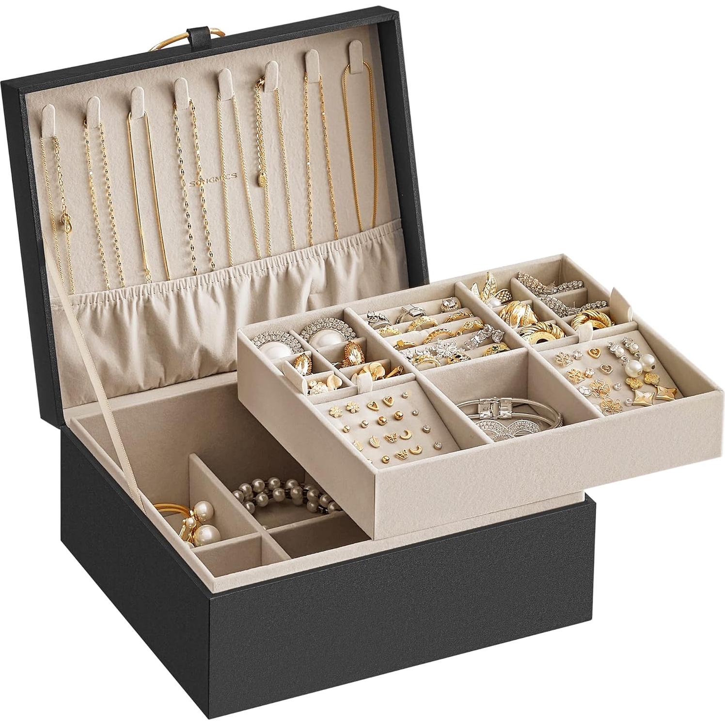 Caja de Joyería SONGMICS Negra 2 Capas con Asa Extraíble 20.5x24x11 cm