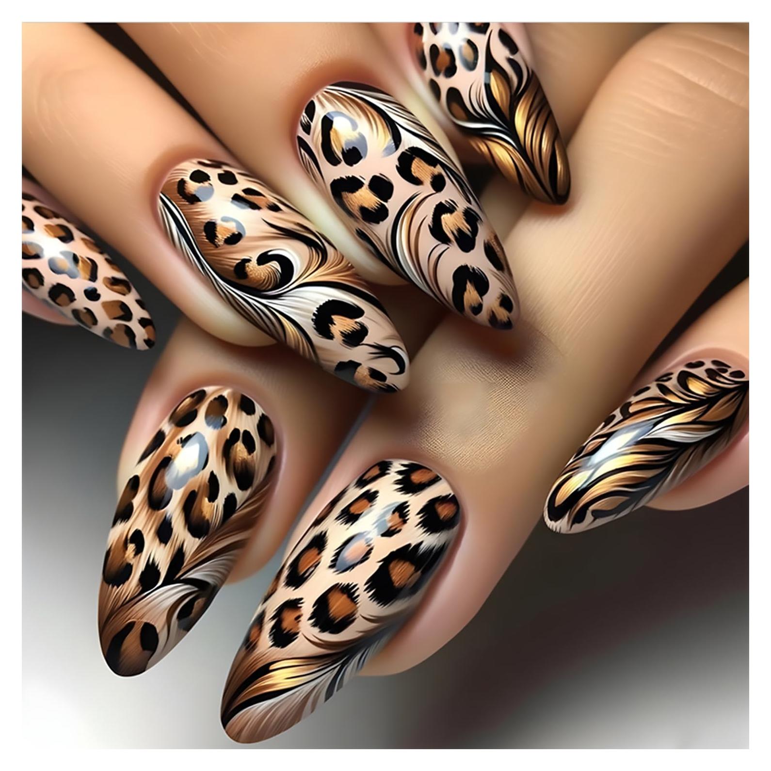 Uñas Postizas Medianas Acrílicas Leopardo 24 Pcs QEYRIYI