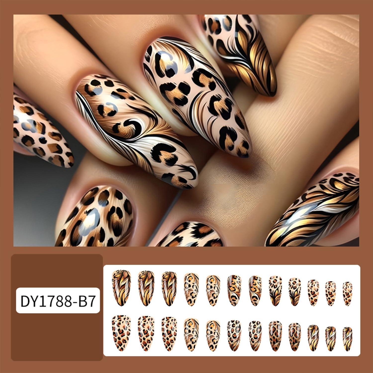 Uñas Postizas Medianas Acrílicas Leopardo 24 Pcs QEYRIYI
