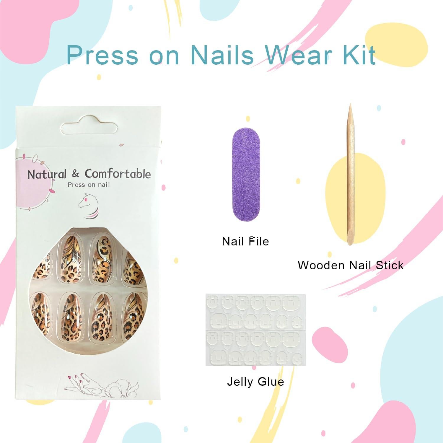 Uñas Postizas Medianas Acrílicas Leopardo 24 Pcs QEYRIYI