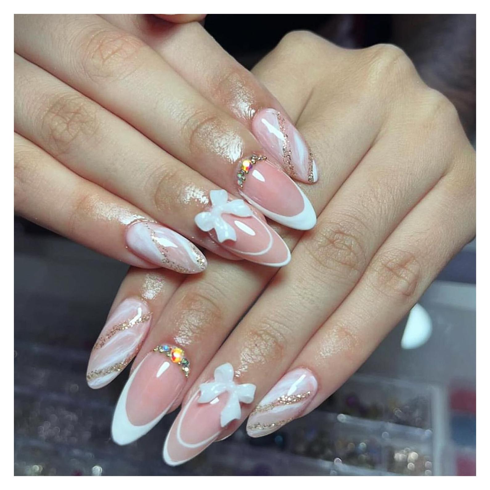 Uñas Postizas Francesas Blancas Vopintpy con Charm 3D