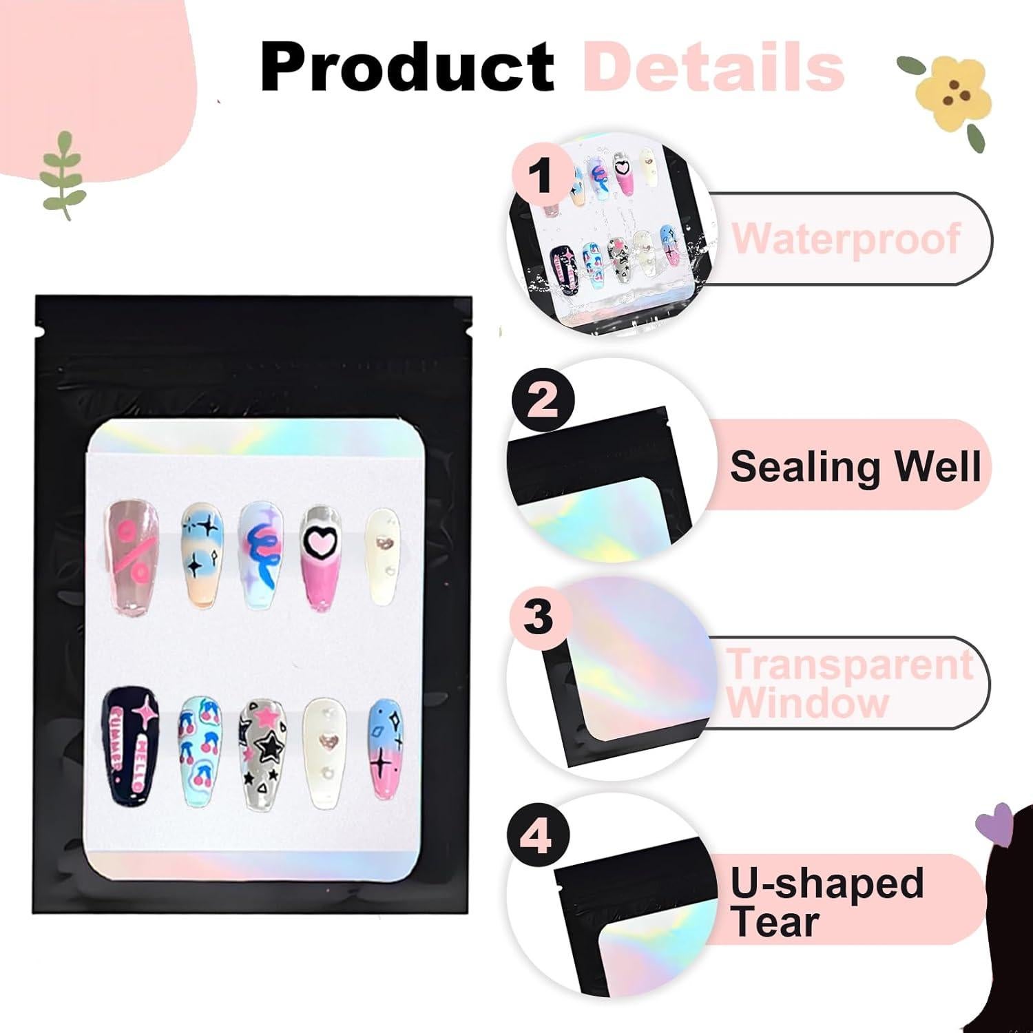 100 Bolsas Holográficas para Uñas Postizas Sawvolker 10.5x15cm