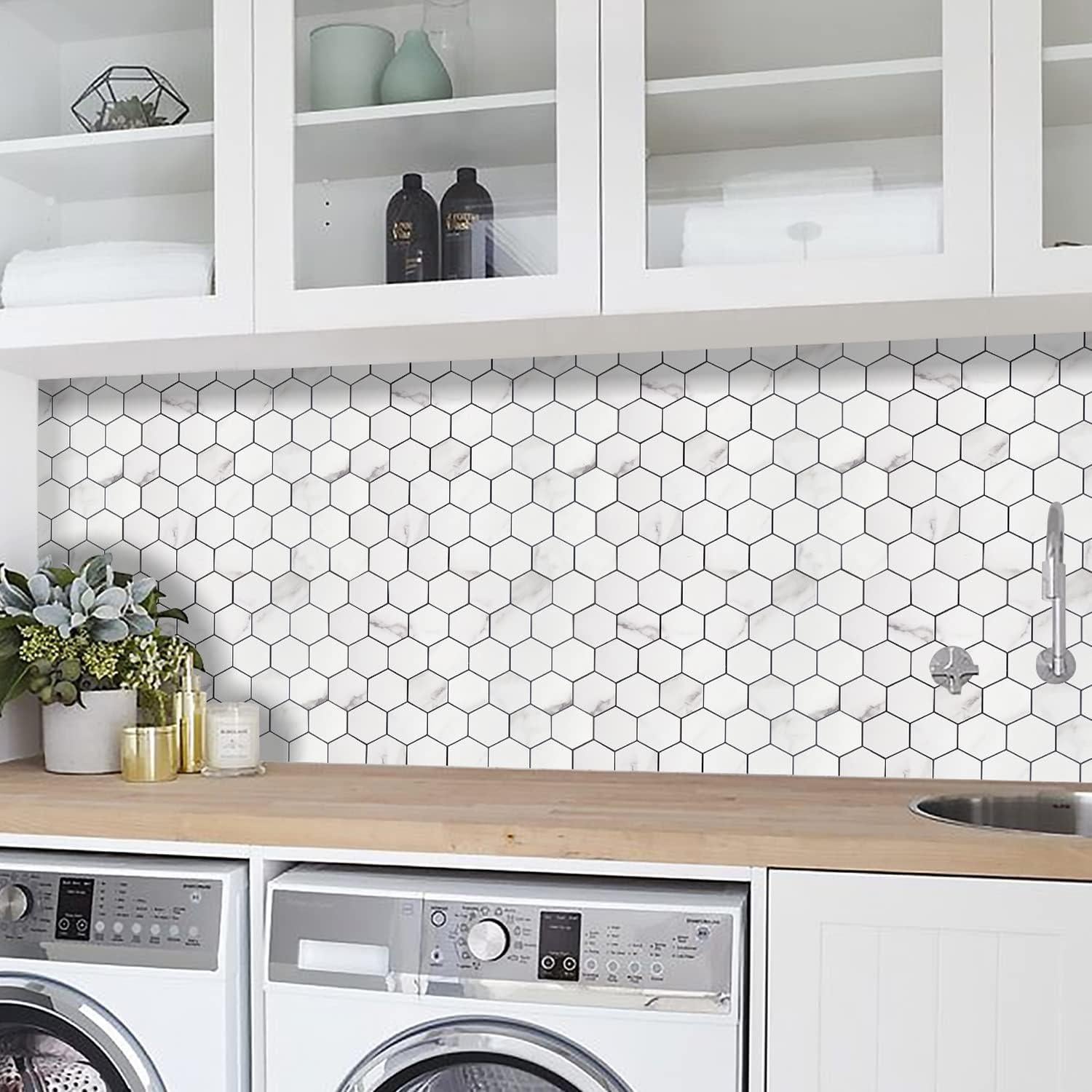 Azulejos Autoadhesivos STICKGOO Hexagonales 10 Hojas Mármol Blanco