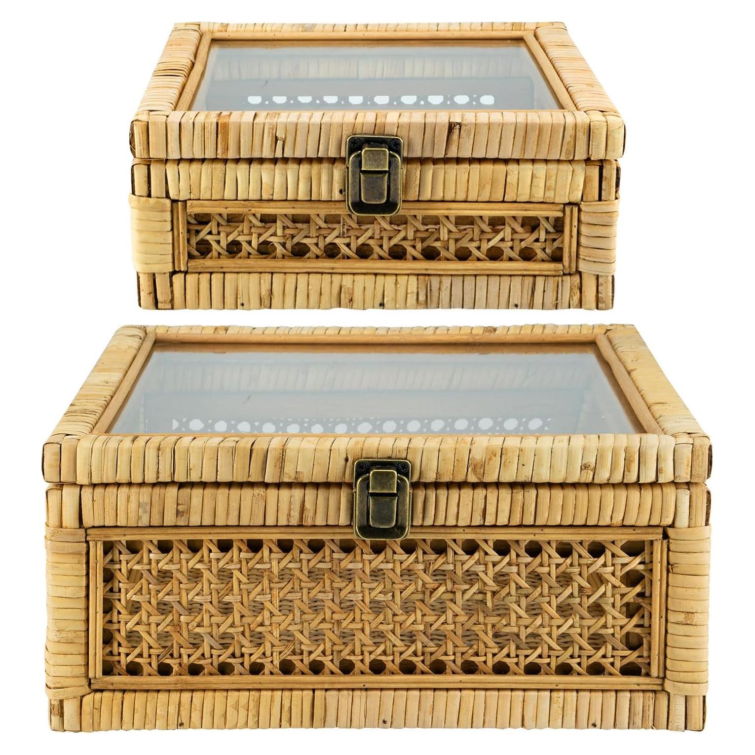 Juego de 2 Cajas Decorativas de Ratán con Tapa de Vidrio - HUAXIN CRAFT H