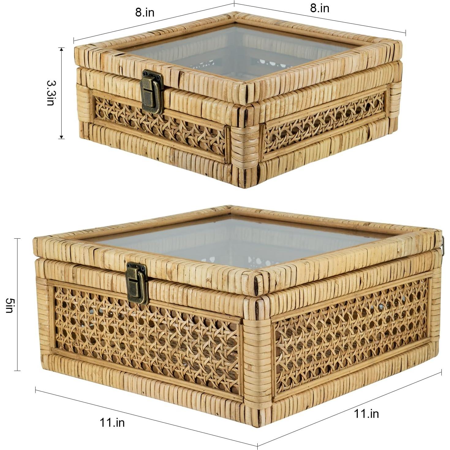 Juego de 2 Cajas Decorativas de Ratán con Tapa de Vidrio - HUAXIN CRAFT H