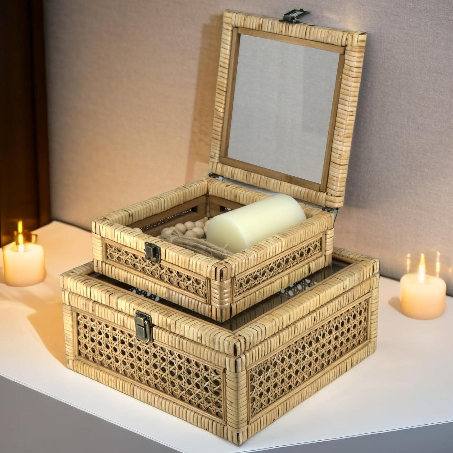 Juego de 2 Cajas Decorativas de Ratán con Tapa de Vidrio - HUAXIN CRAFT H
