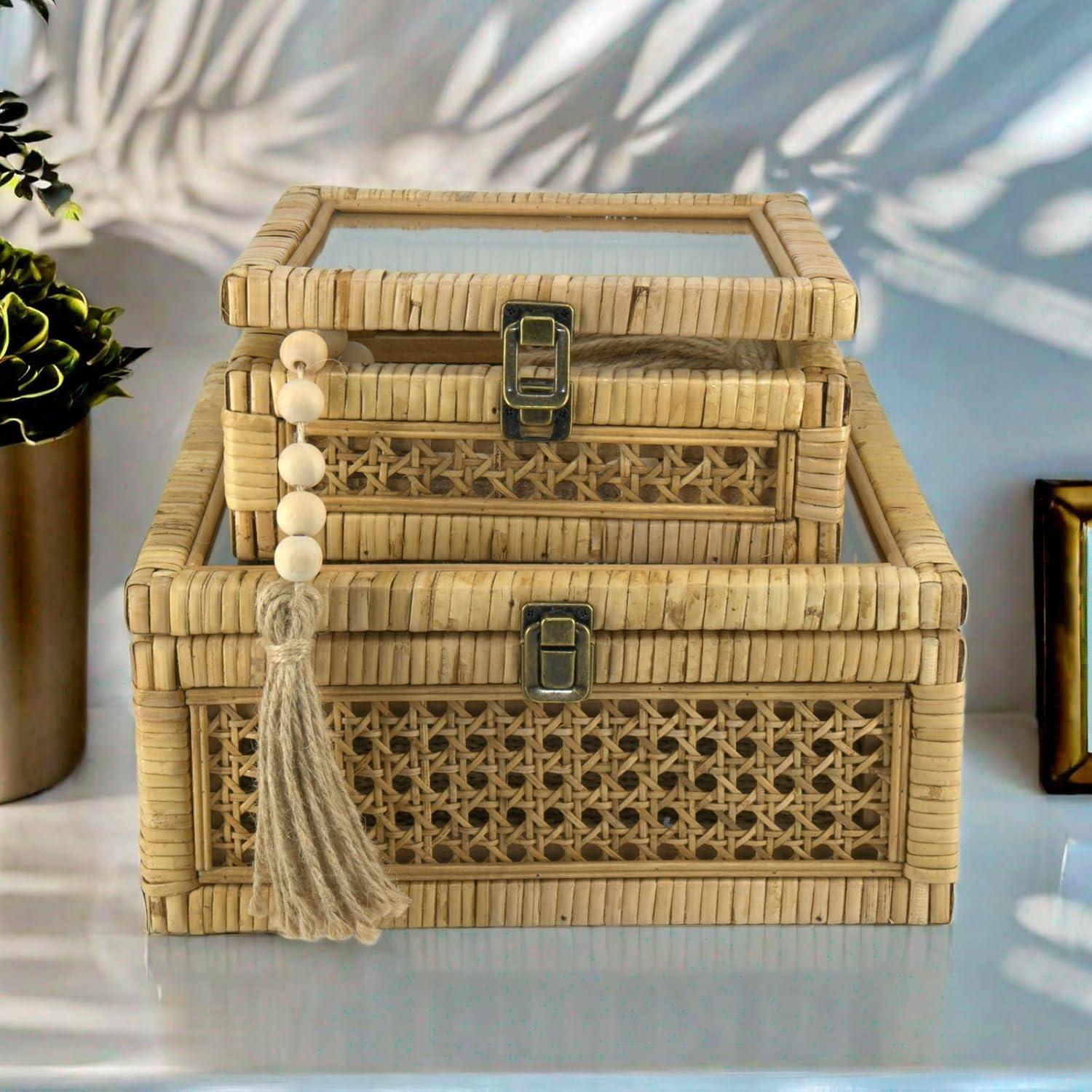 Juego de 2 Cajas Decorativas de Ratán con Tapa de Vidrio - HUAXIN CRAFT H