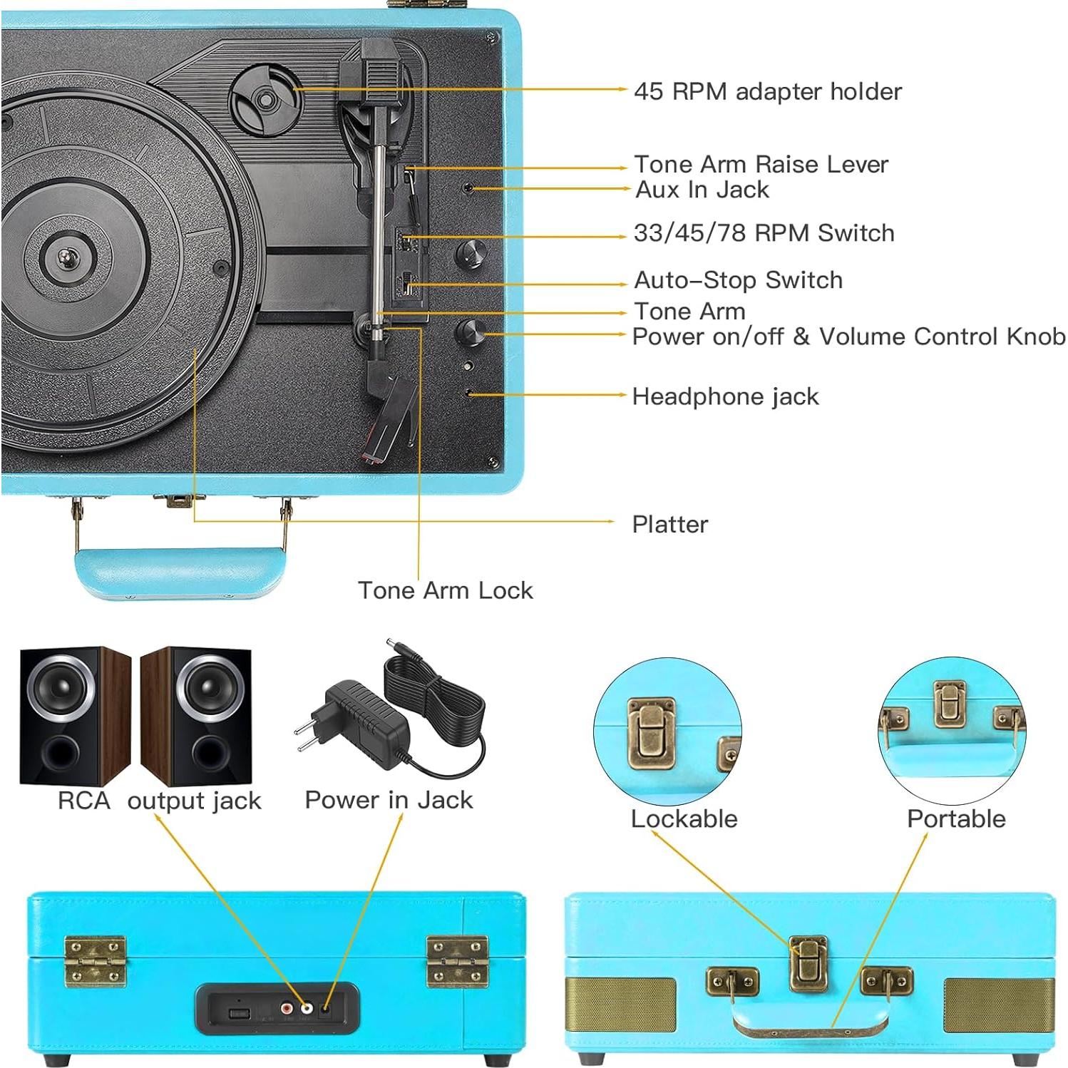 Reproductor de Vinilo Portátil Retrolife R610 Bluetooth 3 Velocidades