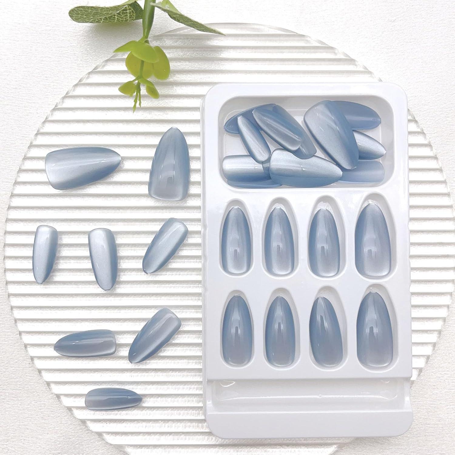 Uñas Postizas Cat Eye Azules 30 Pcs - Acrílicas Medianas