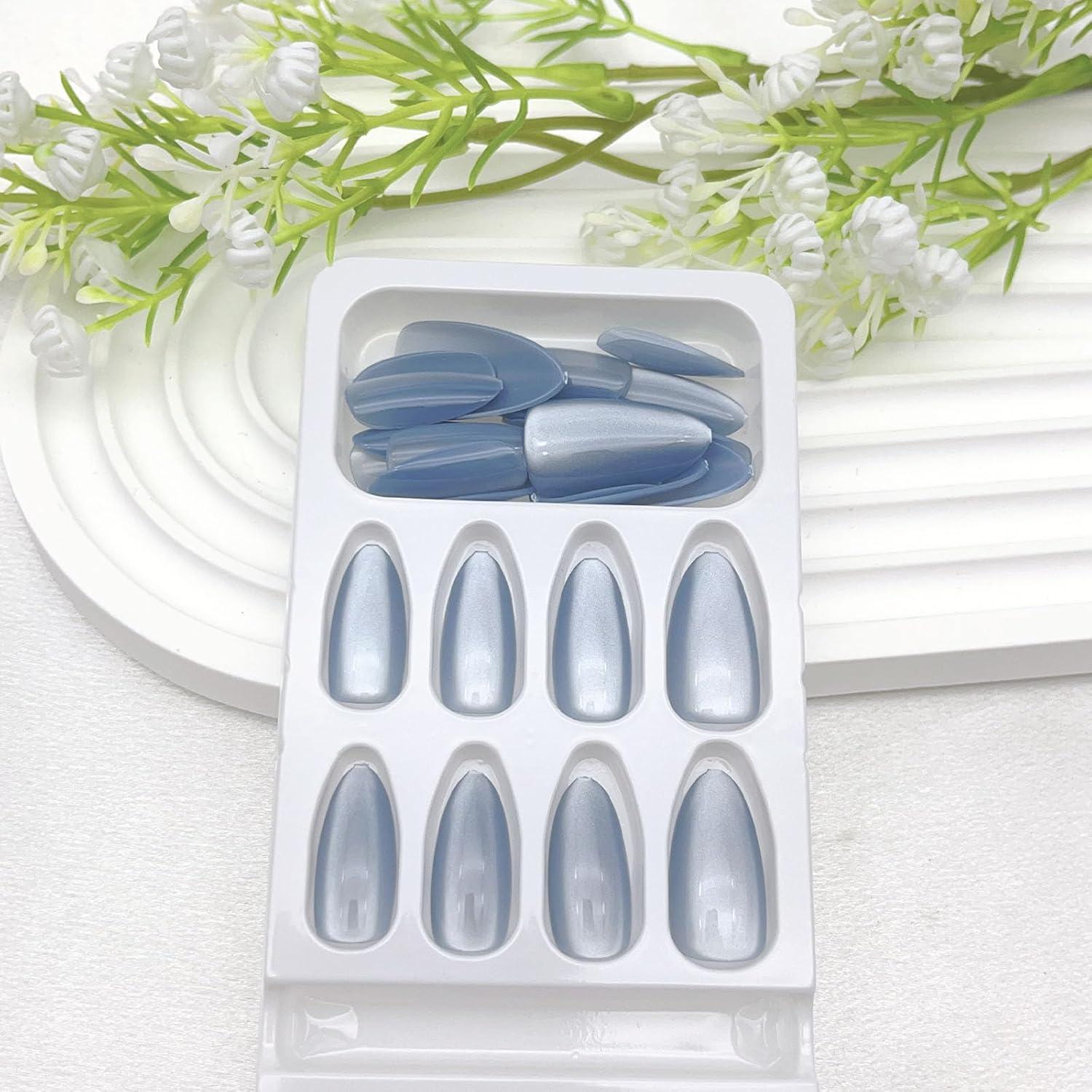 Uñas Postizas Cat Eye Azules 30 Pcs - Acrílicas Medianas