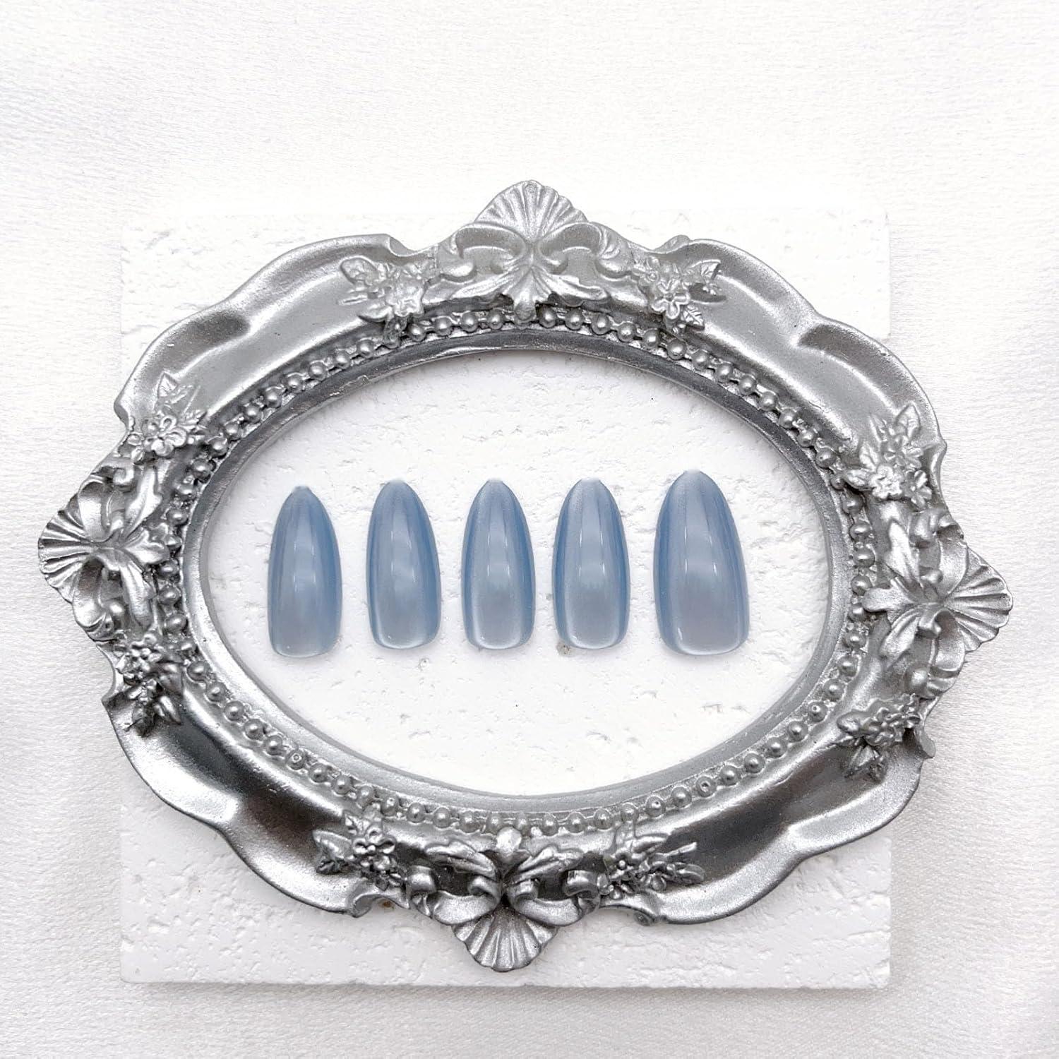 Uñas Postizas Cat Eye Azules 30 Pcs - Acrílicas Medianas