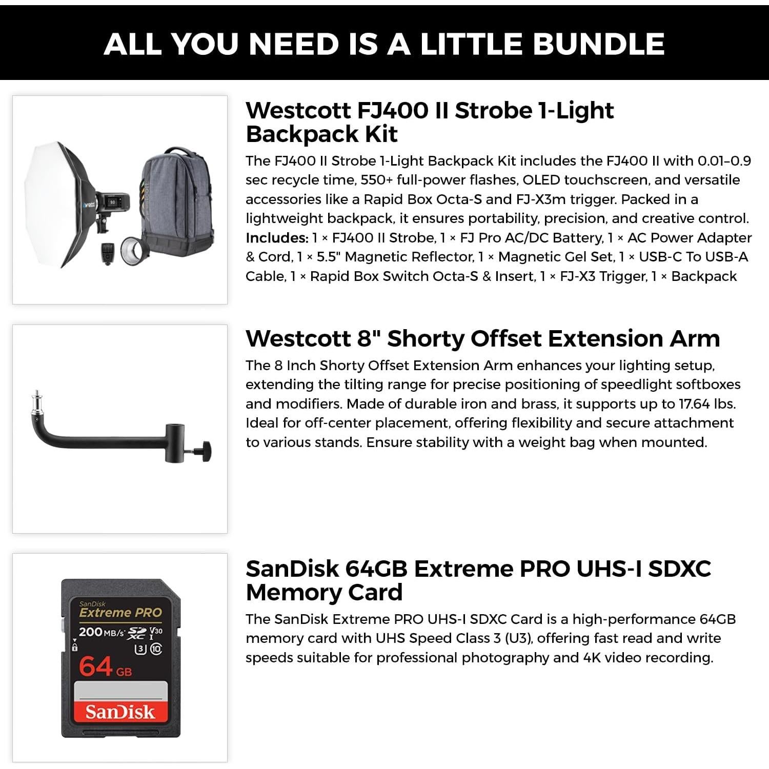 Kit de Mochila Estroboscopio Westcott FJ400 II 1 Luz + Disparador