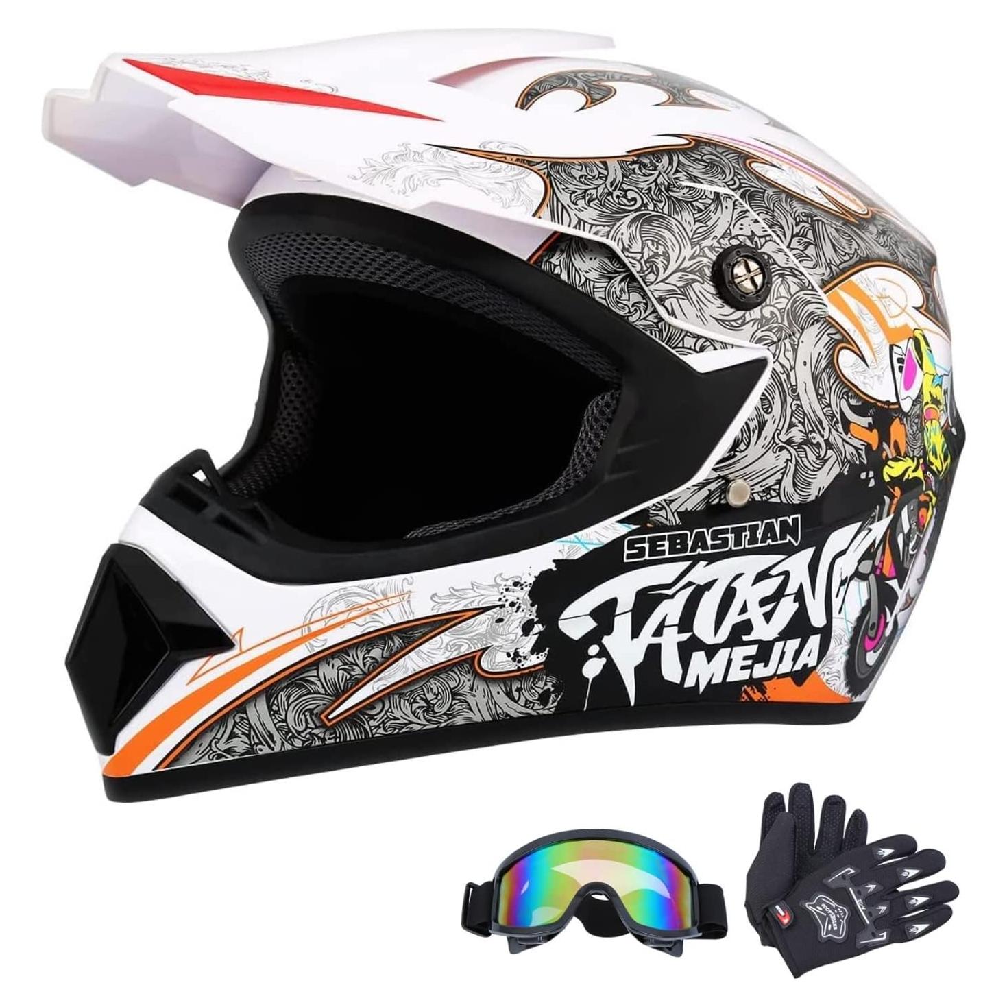 Casco de Motocross Senhill Grande Blanco con Guantes y Gafas