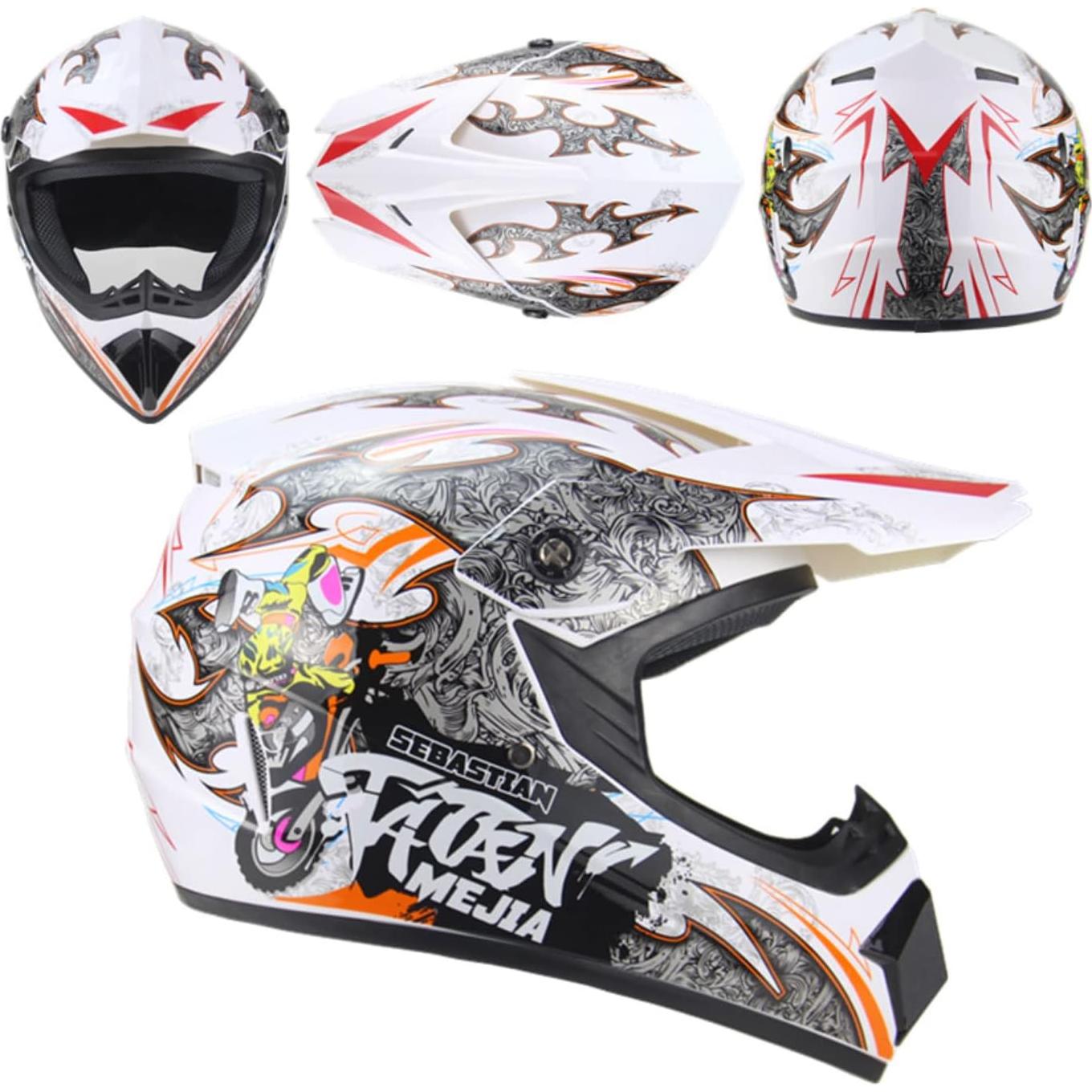 Casco de Motocross Senhill Grande Blanco con Guantes y Gafas