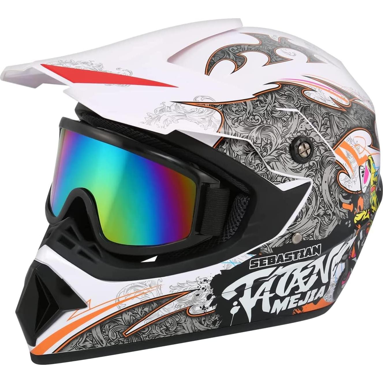 Casco de Motocross Senhill Grande Blanco con Guantes y Gafas