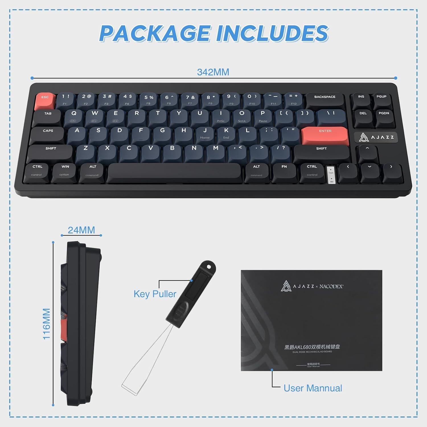 Teclado Mecánico Inalámbrico A.JAZZ AKL680 68 Teclas Rojo