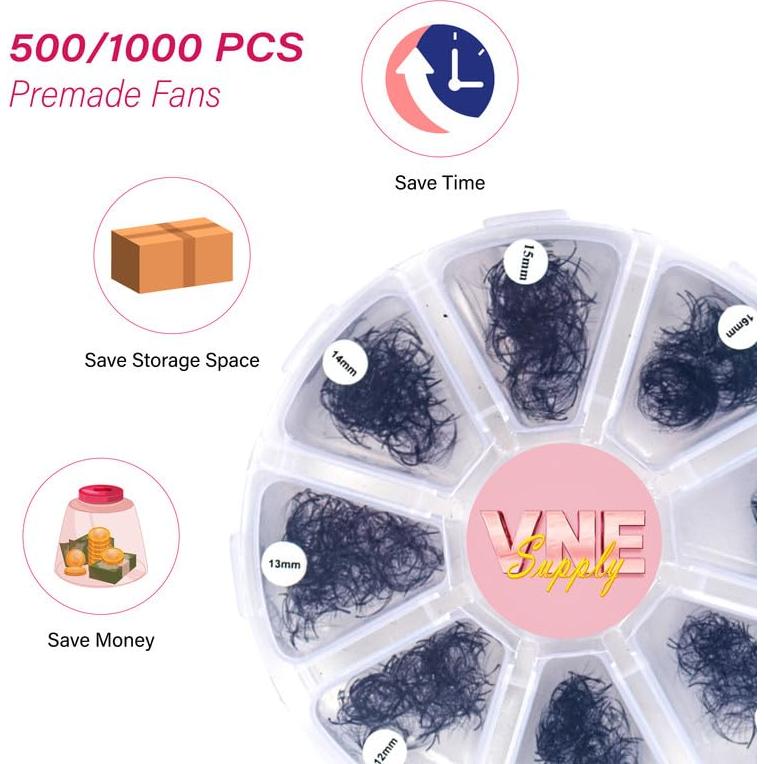 Extensiones de Pestañas VNE 500 Ventiladores 9-16mm Rizado D